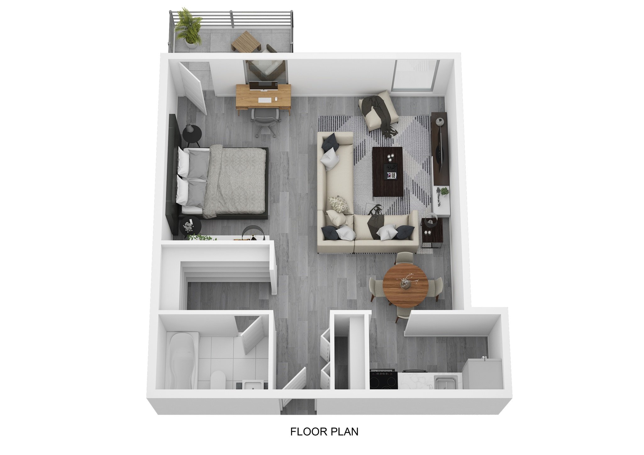 a stylized floor plan of a studio apartment
